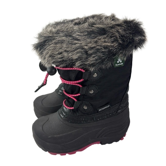 Kamik Little Girl Size 9 Black Pink Winter Snow Boots Faux Fur Bungee Lace - Picture 1 of 6